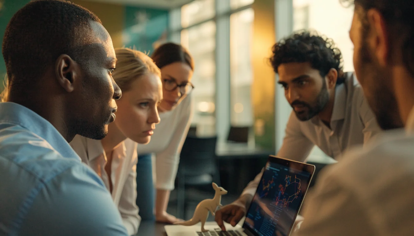 Australian office team reviewing online gambling data on laptop