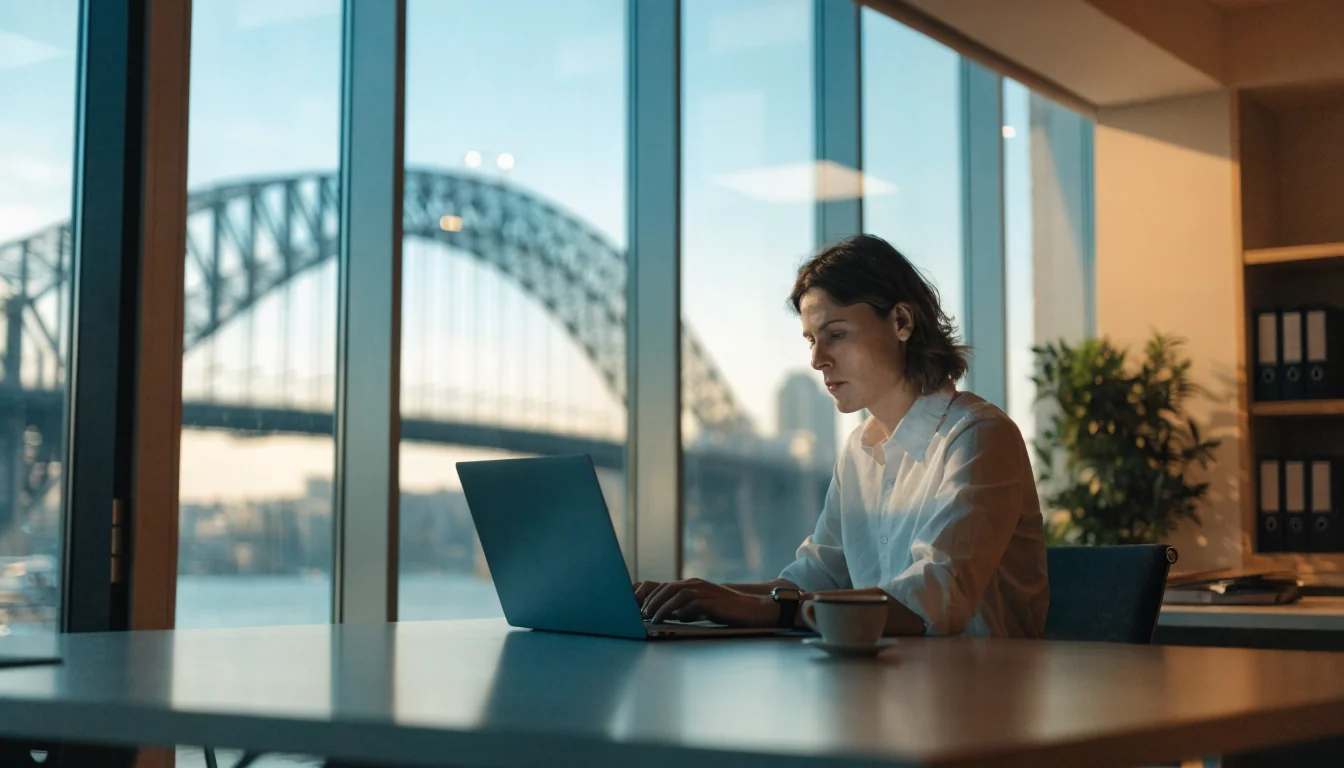 Australian office with Sydney Harbour Bridge view, person at laptop
