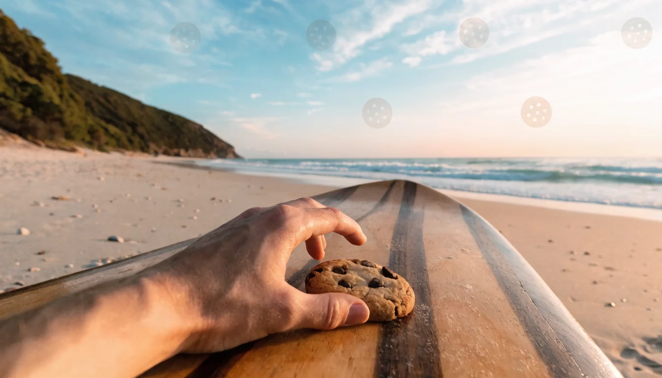 Hand holding chocolate chip cookie on surfboard at beach