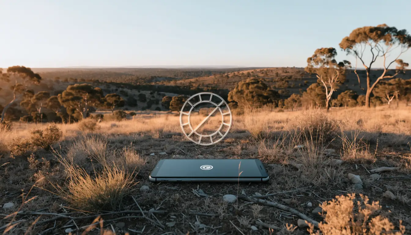 Australian sunrise landscape with phone and no gambling symbol