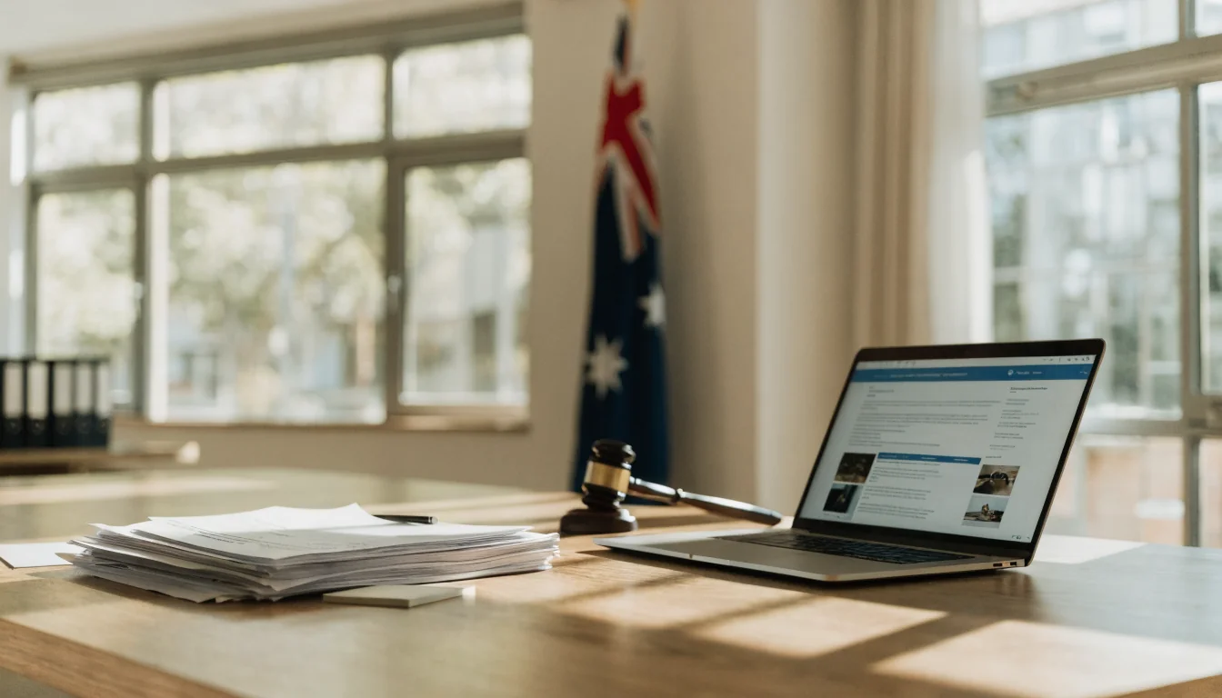 Australian office with legal documents, gavel, and flag