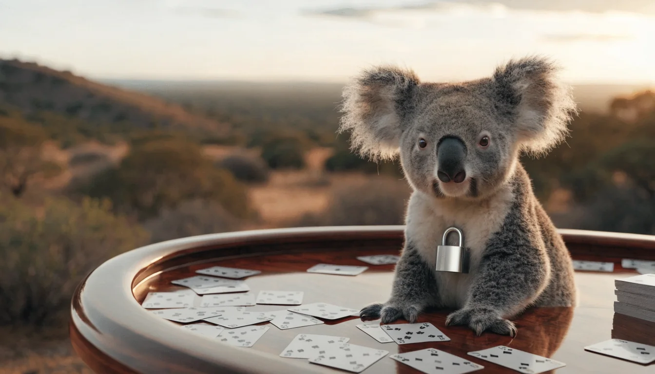 Koala with padlock sits at casino table, sunrise backdrop