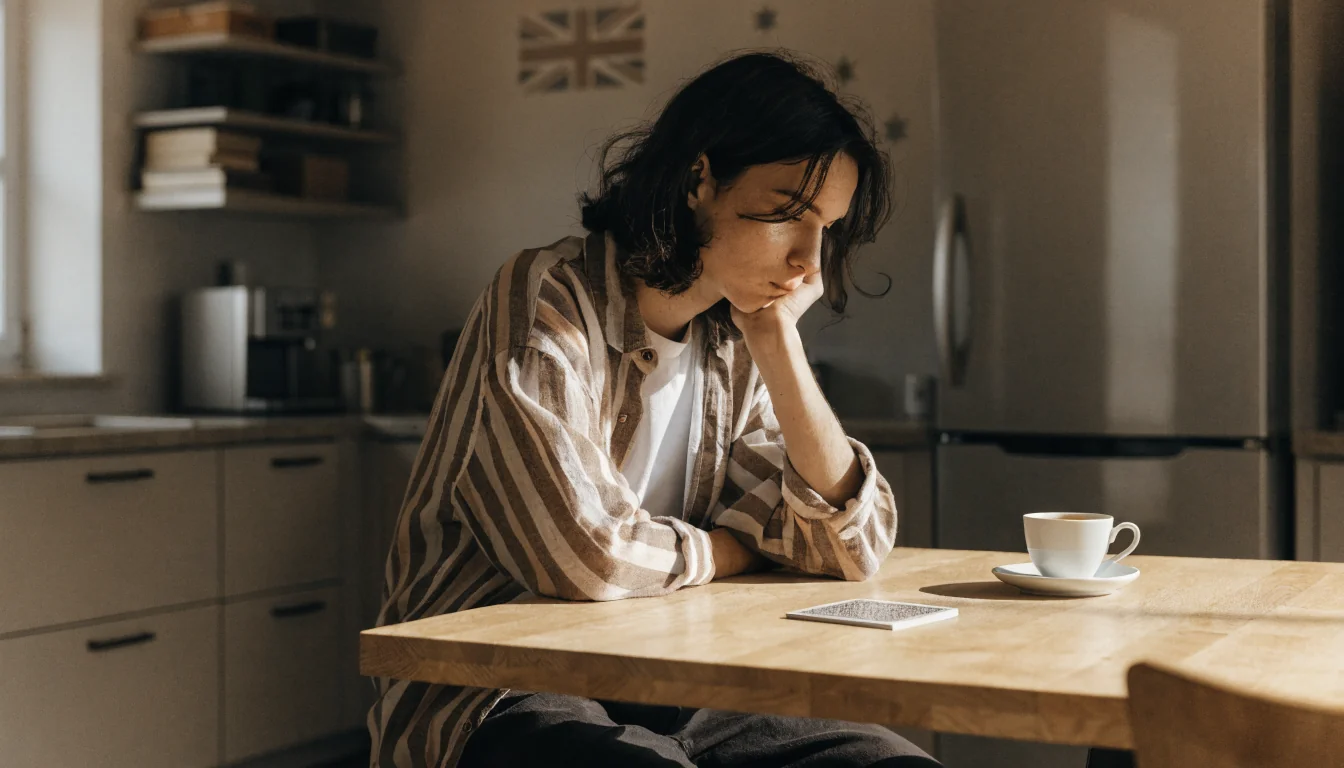 Young adult at kitchen table with cards and tea